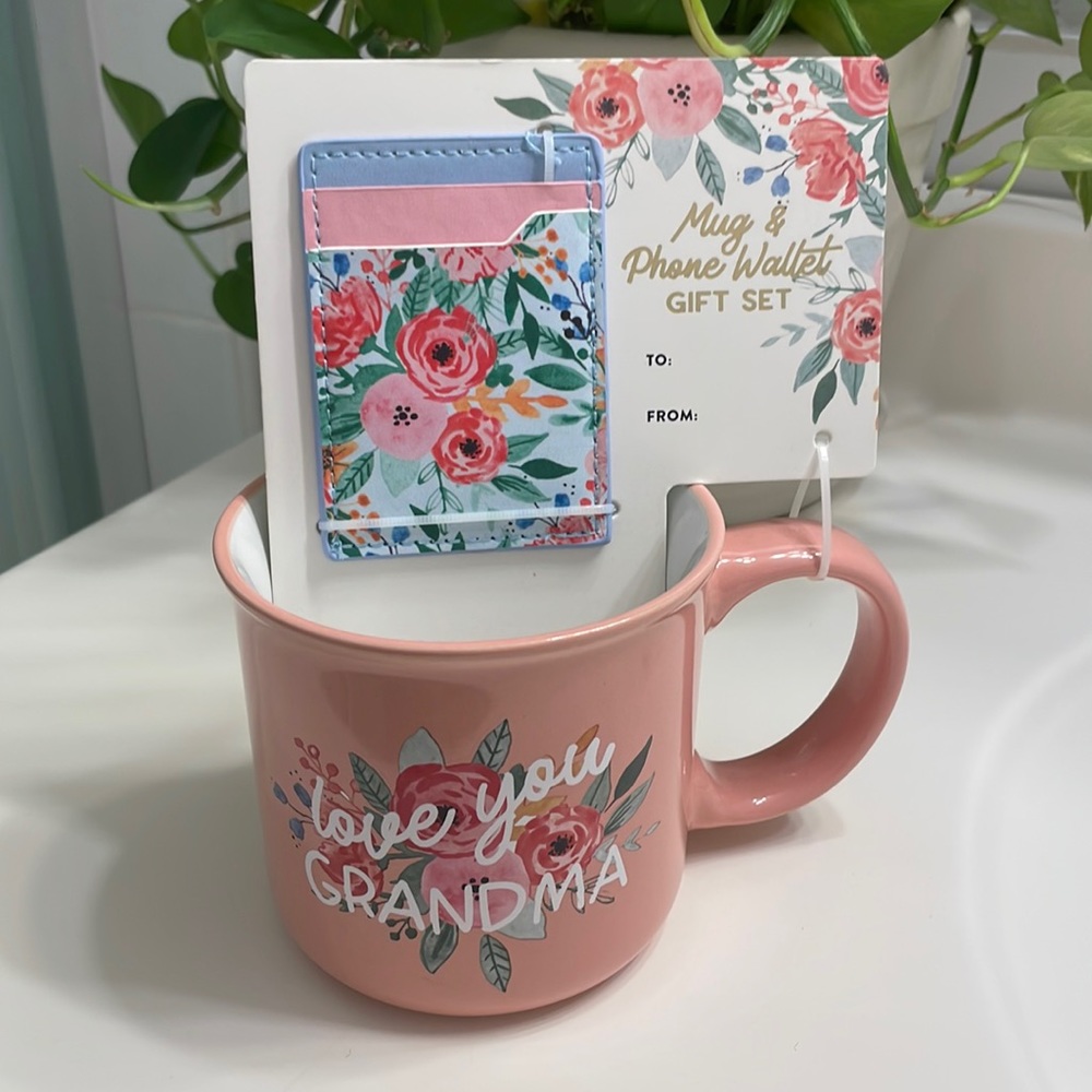 NEW ECCOLO Love you GRANDMA Large Pink Coffee Mug & Prints Phone wallet GIFT Set